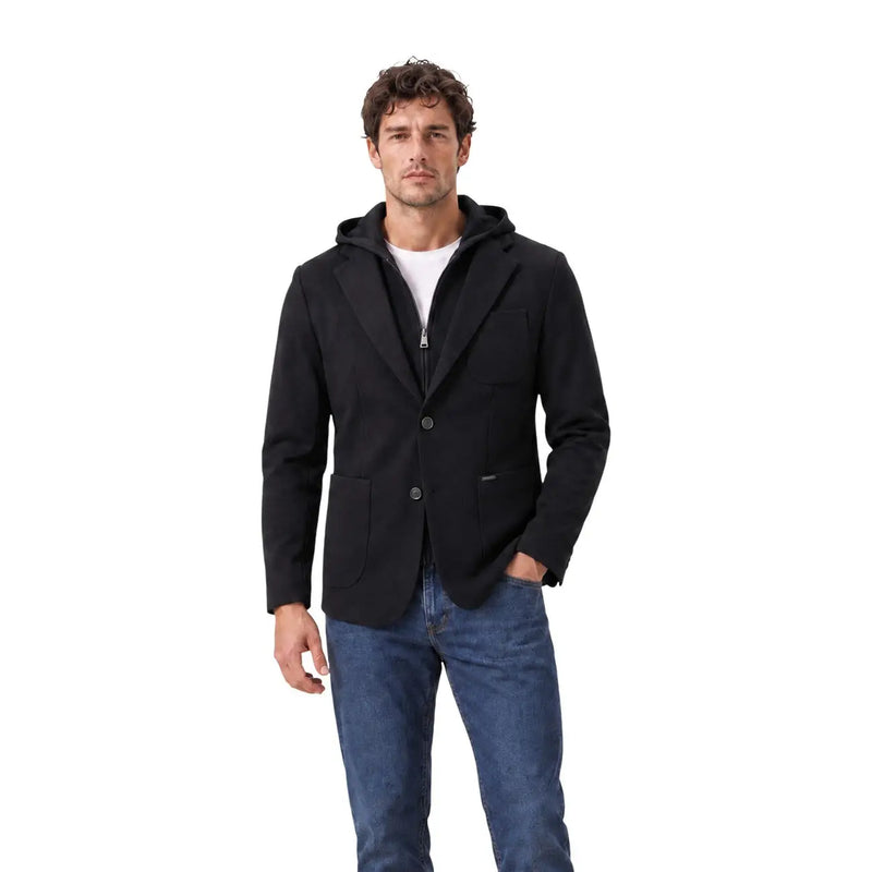 Gianni Lupo Schwarzer Herren-Strickblazer mit Kapuze, Reißverschluss vorne und zwei Knöpfen für einen stilvollen Look