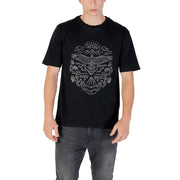 Gianni Lupo men black printed short sleeve cotton t-shirt with a detailed silver eagle graphic with mountains clouds and waves