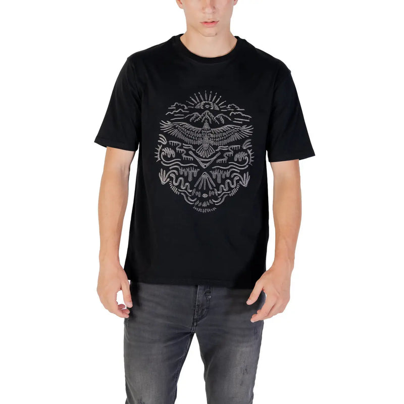 Gianni Lupo men black printed short sleeve cotton t-shirt with a detailed silver eagle graphic with mountains clouds and waves