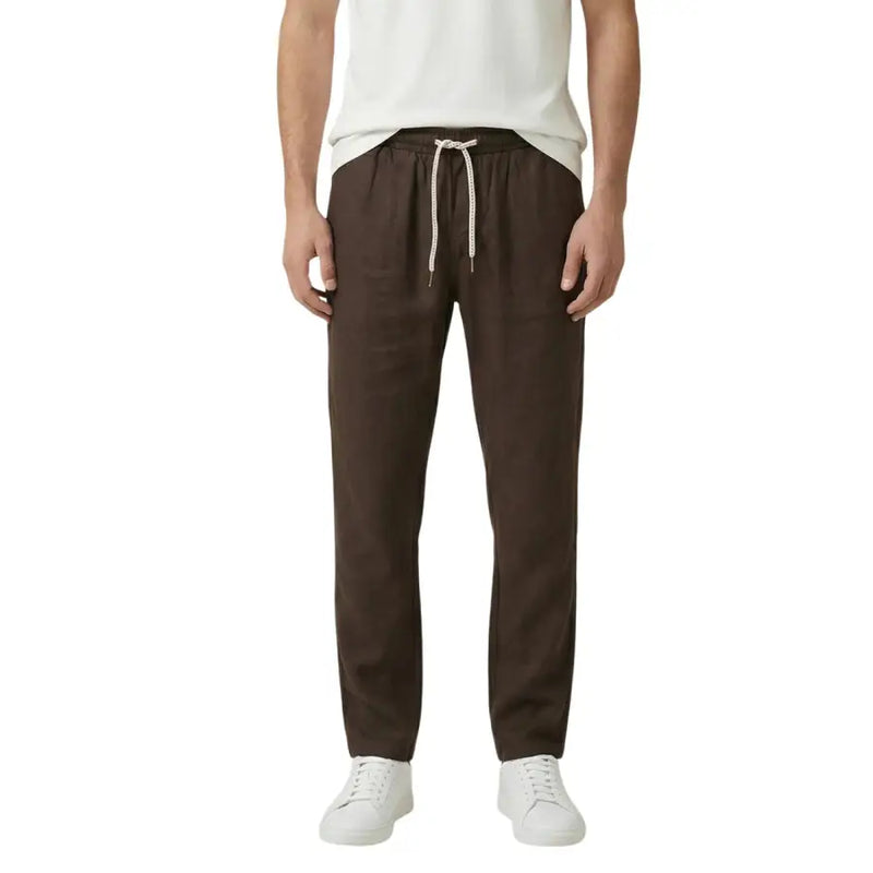 Gianni Lupo Pantalon homme en lyocell marron avec lacets, confectionné en lin marron et doté d'une taille à cordon blanc.