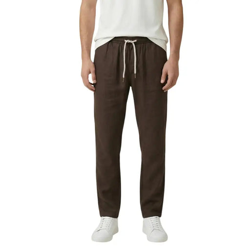 Gianni Lupo men brown lyocell trousers with laces feature a brown linen fabric and a white cord drawstring waist