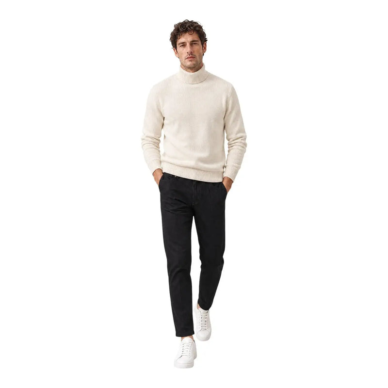 Cream-colored turtleneck sweater with ribbed cuffs and hem paired with gianni lupo men cotton trousers black cooper