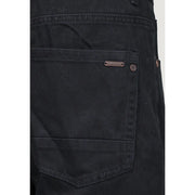 Back side of Gianni Lupo men cotton black denim jeans with subtle texture and metallic brand tag on the pocket