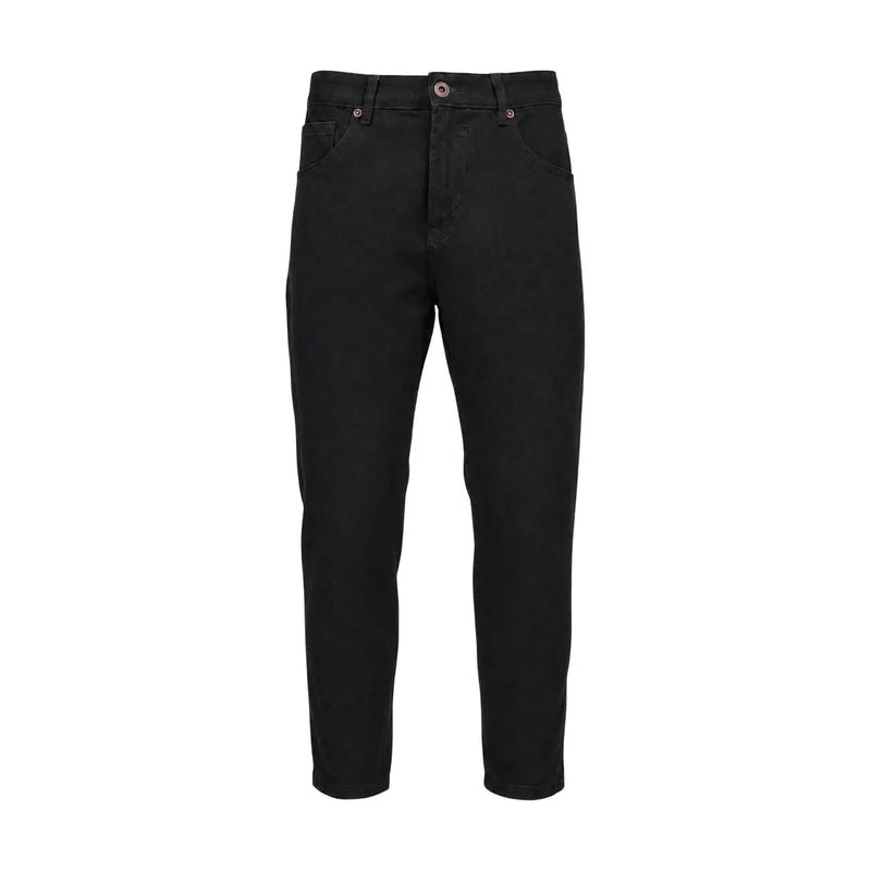 Black cotton gianni lupo men trousers featuring straight-leg black denim jeans with silver-toned button closure