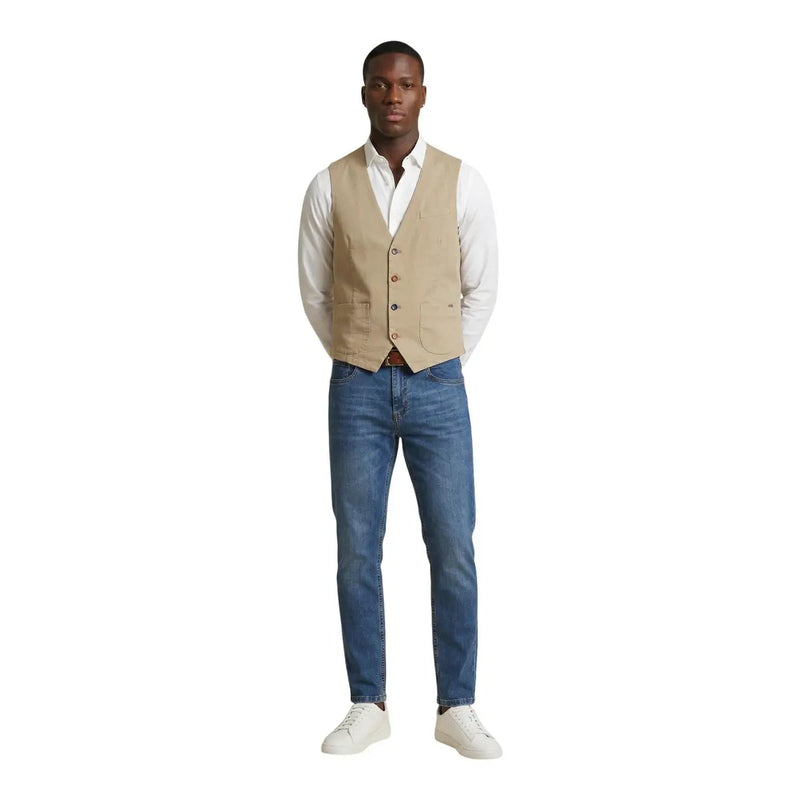Gianni lupo men gilet beige cotton stretch waistcoat button-up vest worn over a white shirt front view