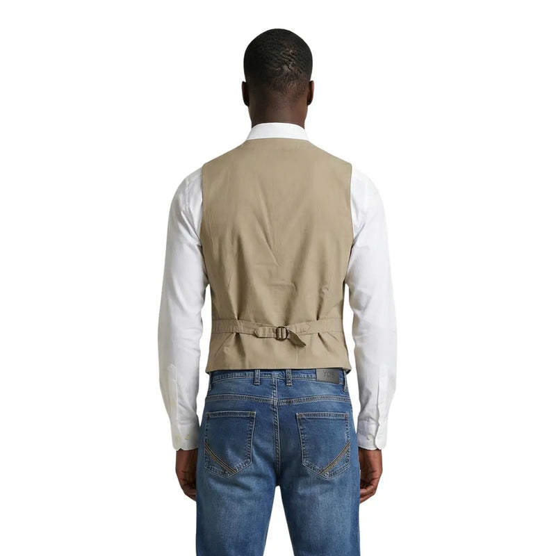 Beige tailored cotton stretch waistcoat by gianni lupo featuring belt detail at the waist for men
