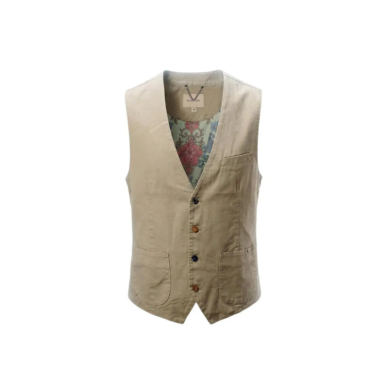 Gianni Lupo men gilet beige cotton stretch waistcoat with floral patterned lining and wooden buttons