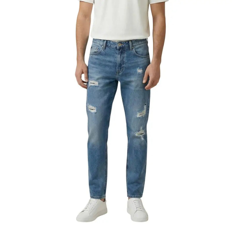 Gianni Lupo men light blue medium-wash denim jeans with distressed ripped details on thighs and knees