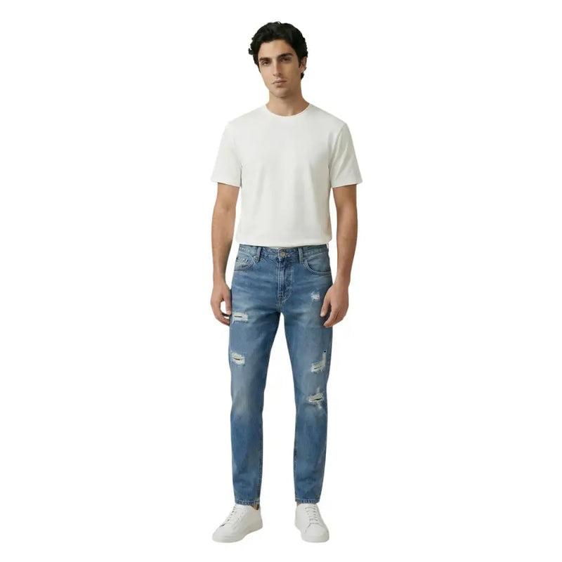 Gianni Lupo men light blue distressed denim jeans with classic five-pocket design and faded worn out effect