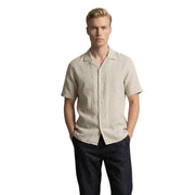 Beige linen short-sleeved button-down shirt with collar by gianni lupo for men
