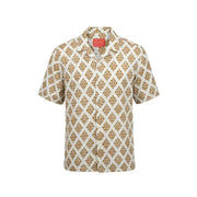Gianni Lupo men shirt cream short-sleeved button-up with repeating gold-toned geometric pattern