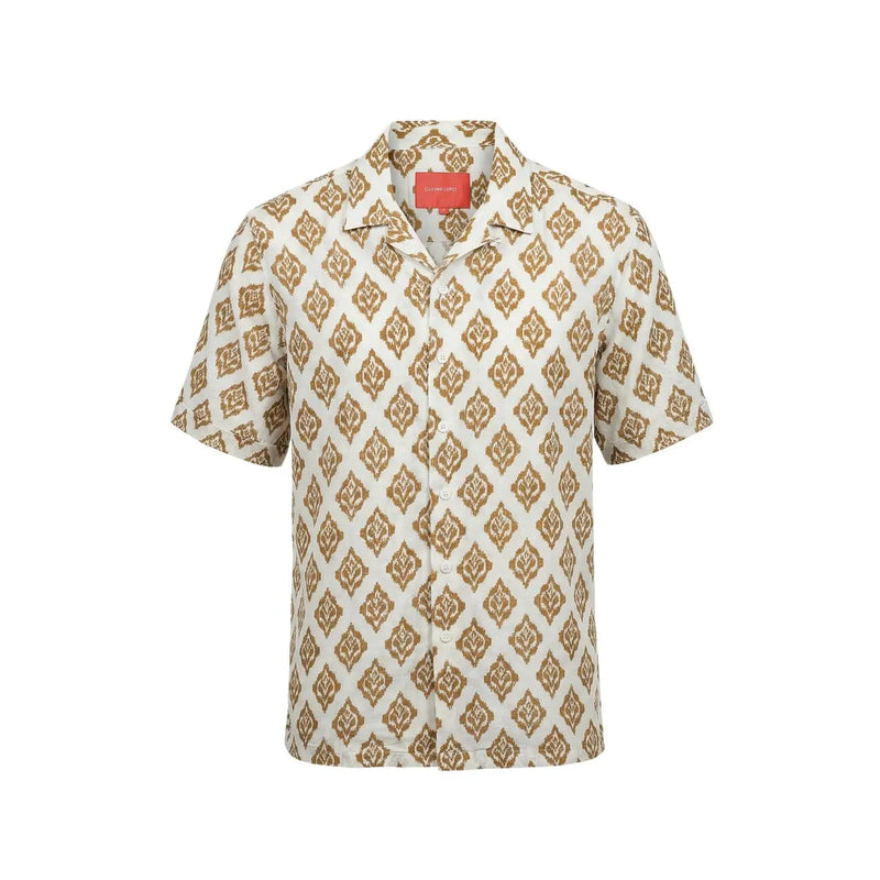 Gianni Lupo men shirt cream short-sleeved button-up with repeating gold-toned geometric pattern