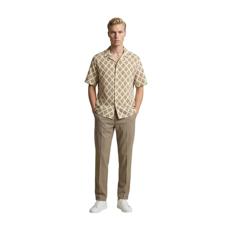 Gianni Lupo men shirt beige short-sleeved button-up with muted brown geometric pattern for casual wear