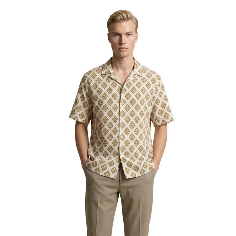 Beige short-sleeved Gianni Lupo men shirt with gold geometric pattern in lightweight breathable fabric