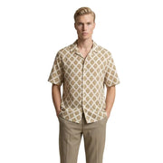 Beige short-sleeved Gianni Lupo men shirt with gold geometric pattern in lightweight breathable fabric
