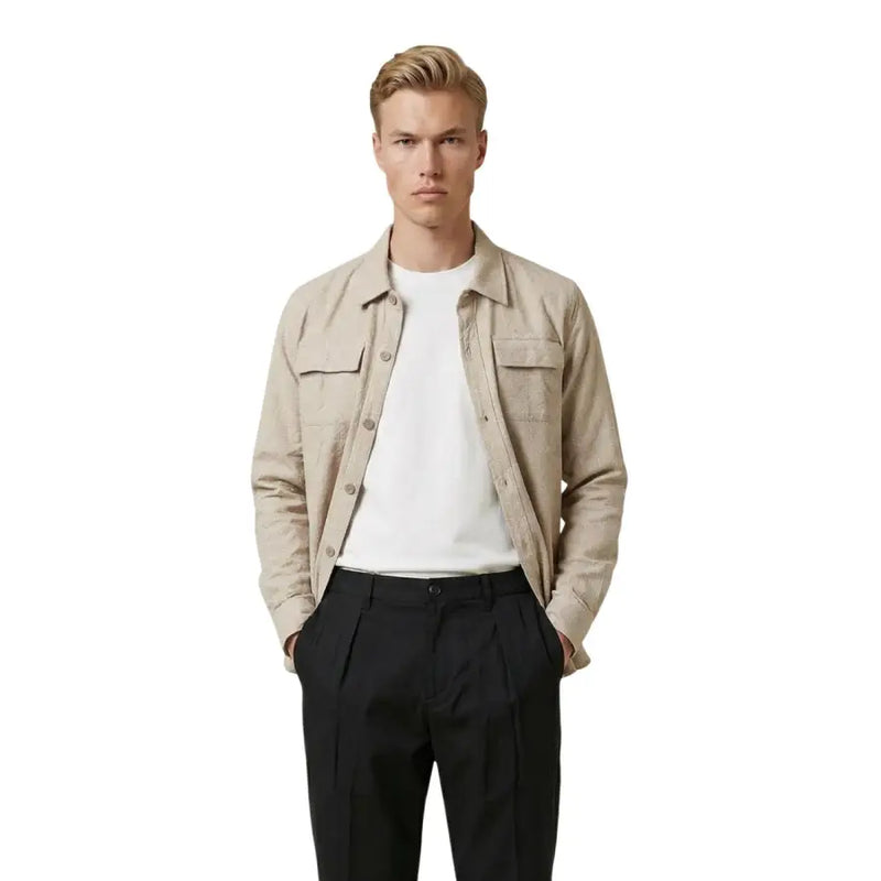 Beige textured cotton jacket with buttoned front and flap pockets from Gianni Lupo men shirt collection