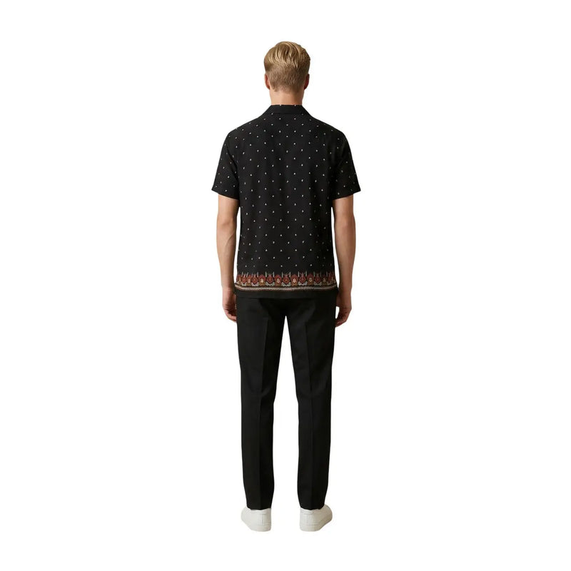 Gianni Lupo men shirt black short-sleeved with white polka dots and colorful embroidered hem detail