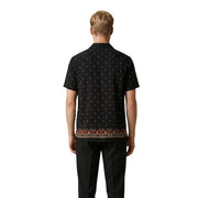 Gianni Lupo men shirt in black short-sleeved fabric with subtle white dots and ornate embroidered hem in red brown and beige
