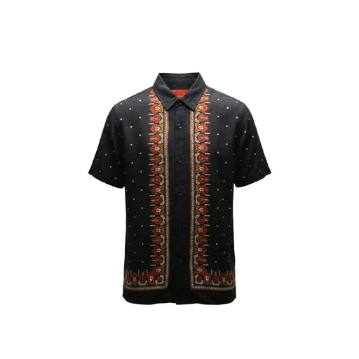 Gianni Lupo men shirt black short-sleeved button-up with red and gold embroidered front placket and white dot pattern