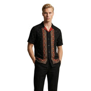 Gianni Lupo men shirt in black short-sleeved button-up style with red inner collar and orange-brown embroidered trim