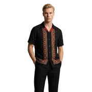 Gianni Lupo men shirt in black short-sleeved button-up style with red inner collar and orange-brown embroidered trim