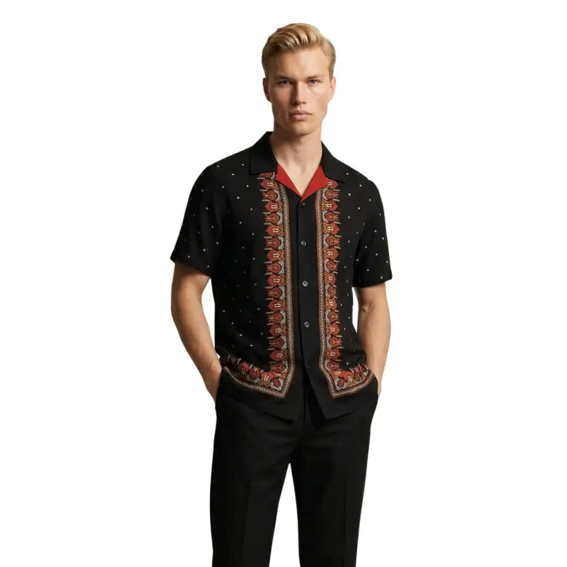 Gianni Lupo men shirt in black short-sleeved button-up style with red inner collar and orange-brown embroidered trim