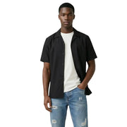 Black short-sleeved button-up shirt with collar and relaxed fit by gianni lupo for men