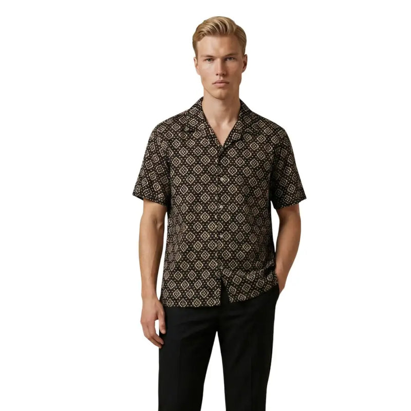 Gianni Lupo men shirt black short-sleeved button-up with beige geometric repeating pattern in lightweight fabric