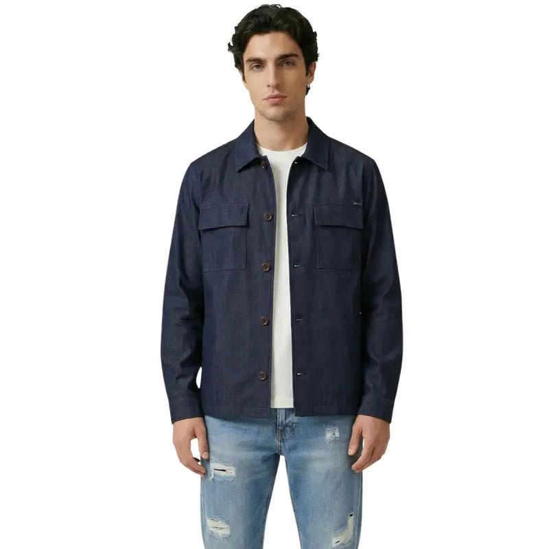 Dark blue denim jacket by Gianni Lupo featuring two chest pockets and brown buttons for men