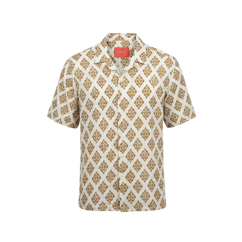 Gianni Lupo men shirt cream short-sleeved button-up with repeating gold-toned geometric pattern