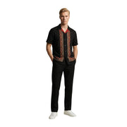 Gianni Lupo men shirt black short-sleeved button-up with red and gold embroidery and red inner collar detail