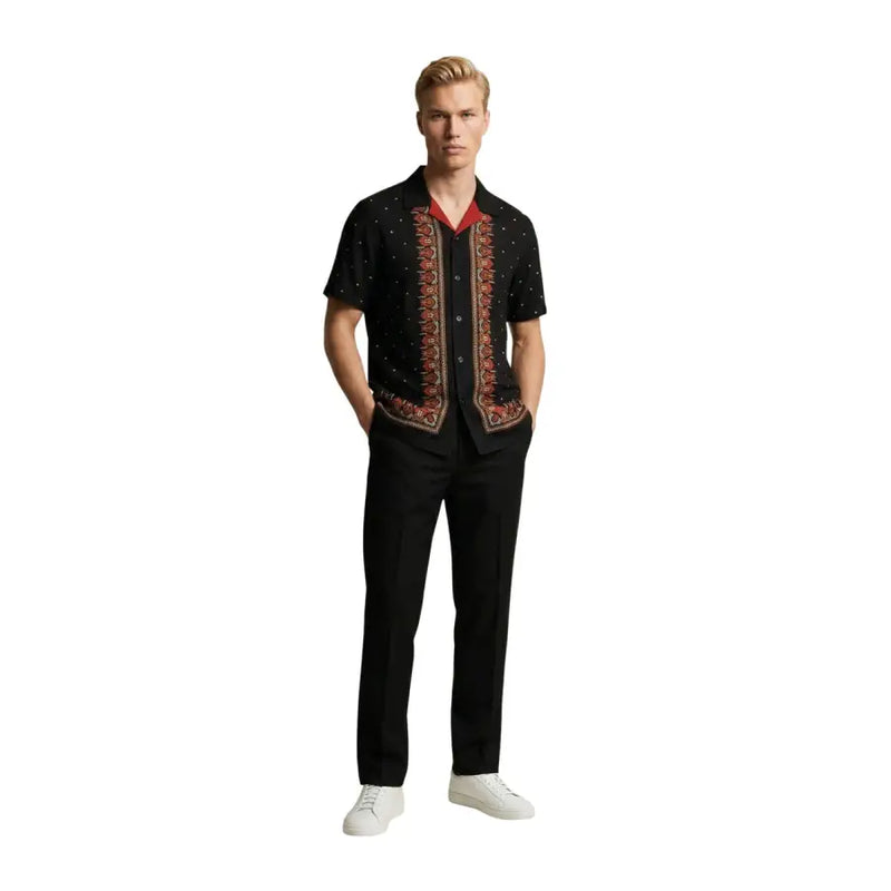 Gianni Lupo men shirt black short-sleeved button-up with red and gold embroidery and red inner collar detail