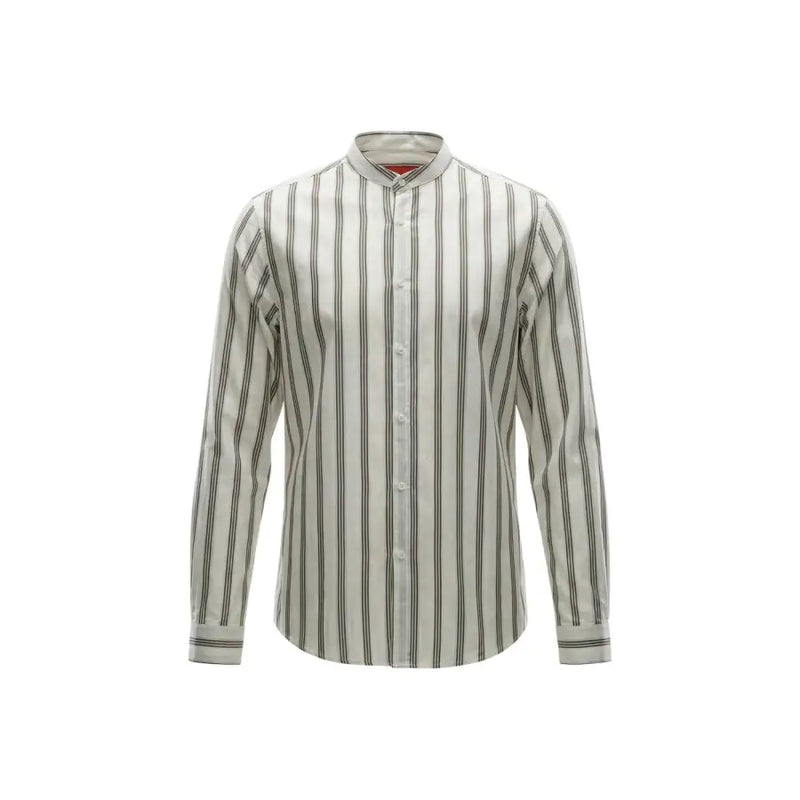 Gianni Lupo men shirt with vertical black and off-white stripes, mandarin collar, and long button-down sleeves