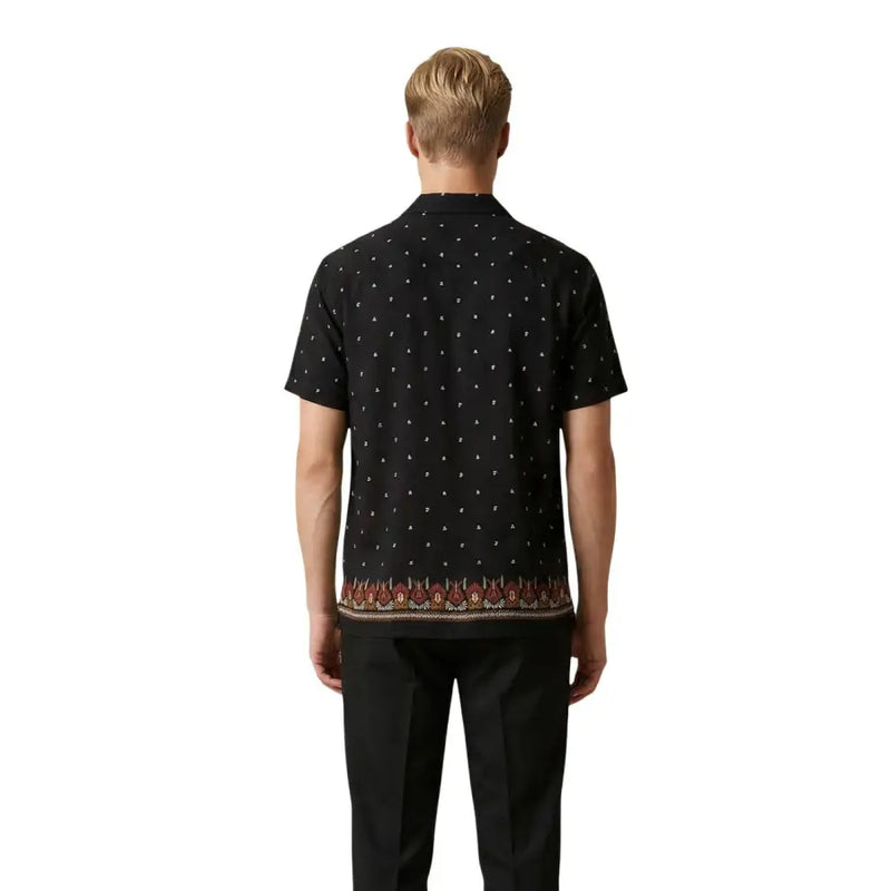 Gianni Lupo men shirt in black short-sleeved fabric with subtle white dots and ornate embroidered hem in red brown and beige
