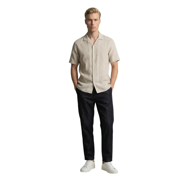 Beige short-sleeved linen men shirt with collar and button-front by Gianni Lupo perfect for casual wear