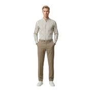 A man wearing a gianni lupo men shirt with cream and dark gray vertical stripes and long sleeves
