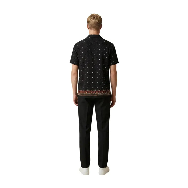 Gianni Lupo men shirt black short-sleeved with white polka dots and colorful embroidered hem detail