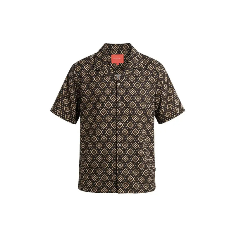 Gianni Lupo men shirt featuring a dark brown short-sleeved button-up design with a beige geometric pattern