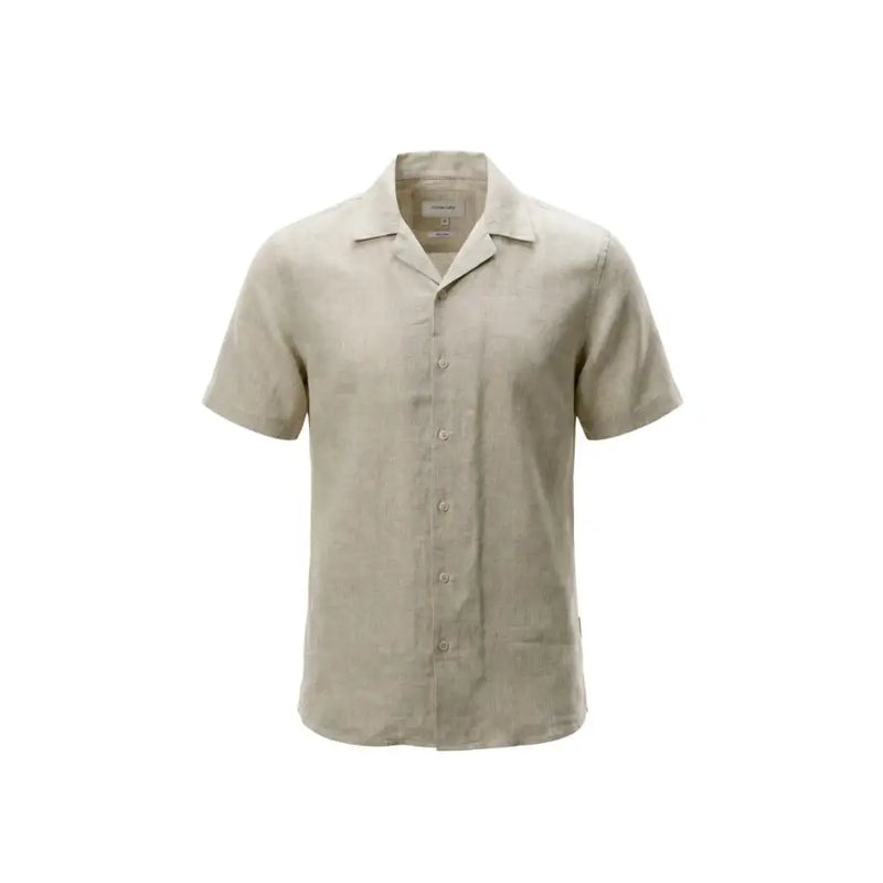 Beige short-sleeved linen shirt with classic collar and button-down front for men by Gianni Lupo