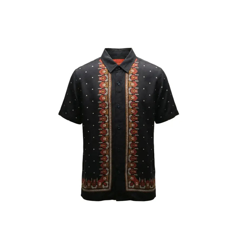Gianni Lupo men shirt black short-sleeved button-up with red and gold embroidered front placket and white dot pattern