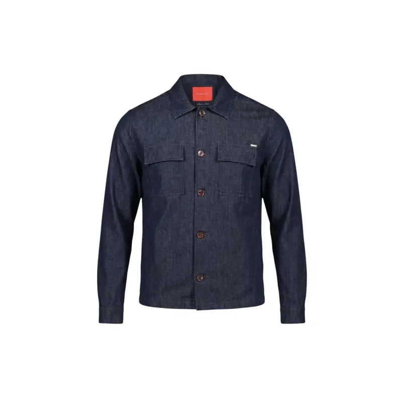 Gianni Lupo men shirt dark blue denim jacket with two chest pockets and brown buttons made of denim material