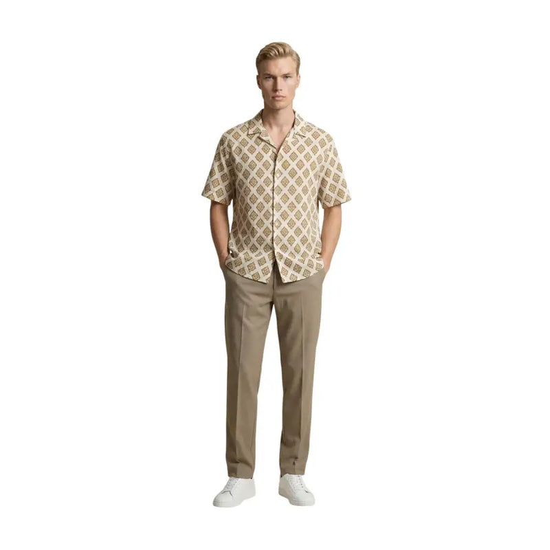 Gianni Lupo men shirt beige short-sleeved button-up with muted brown geometric pattern for casual wear