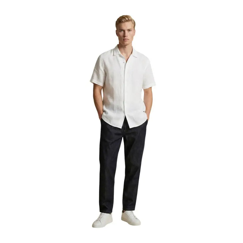 White short-sleeved linen shirt with classic collar and button-down front by gianni lupo men shirt