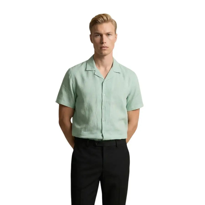 Gianni Lupo men shirt featuring a light mint green short-sleeved button-up design with collar and subtle texture