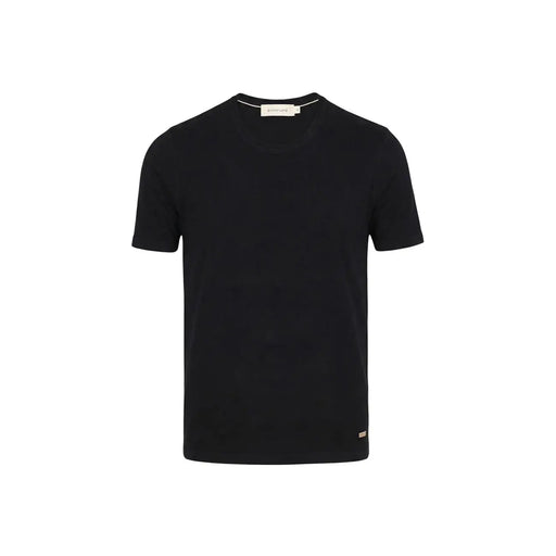 Black short-sleeved crew neck Gianni Lupo men t-shirt with subtle collar brand tag and small lower right label
