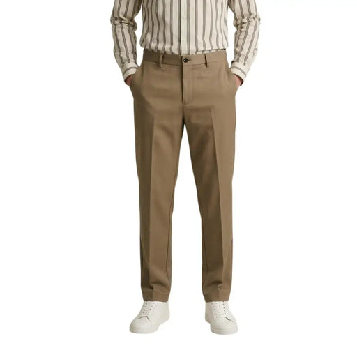 Gianni Lupo men trousers in beige polyester viscose stretch with khaki straight-leg classic fit and belt loops