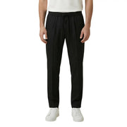 Black drawstring trousers with sleek straight-leg cut and subtle waistband pleats from gianni lupo in polyester viscose