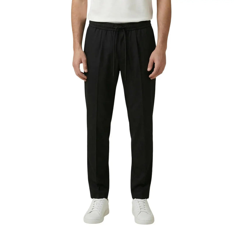 Black drawstring trousers with sleek straight-leg cut and subtle waistband pleats from gianni lupo in polyester viscose