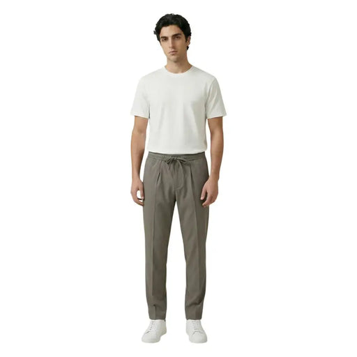 Gianni Lupo men trousers green polyester viscose with olive green drawstring relaxed fit and subtle pleats