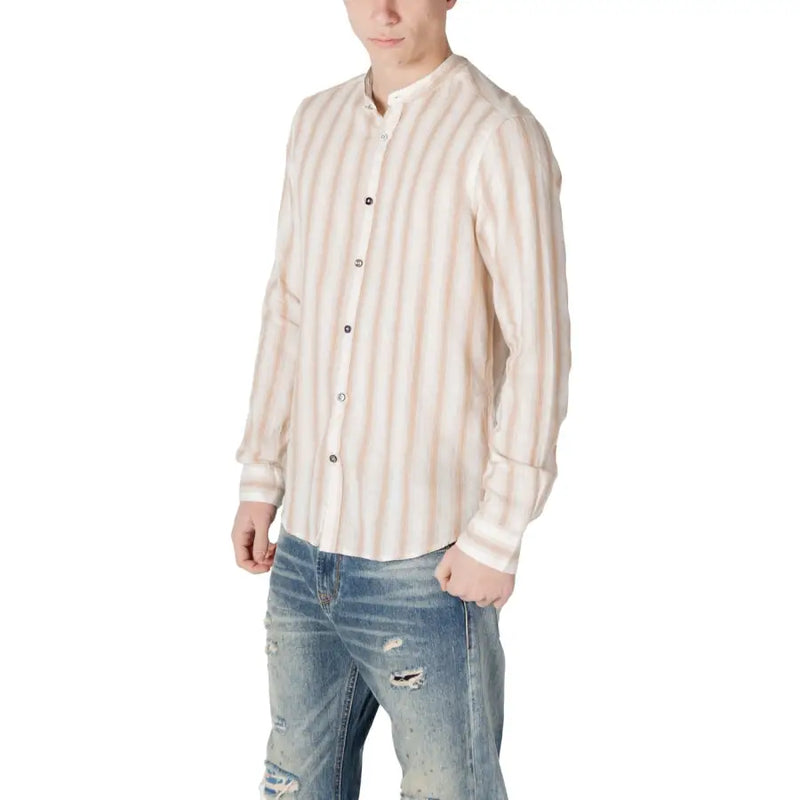 Gianni Lupo men’s beige cream striped long-sleeved button shirt with mandarin collar in lightweight fabric